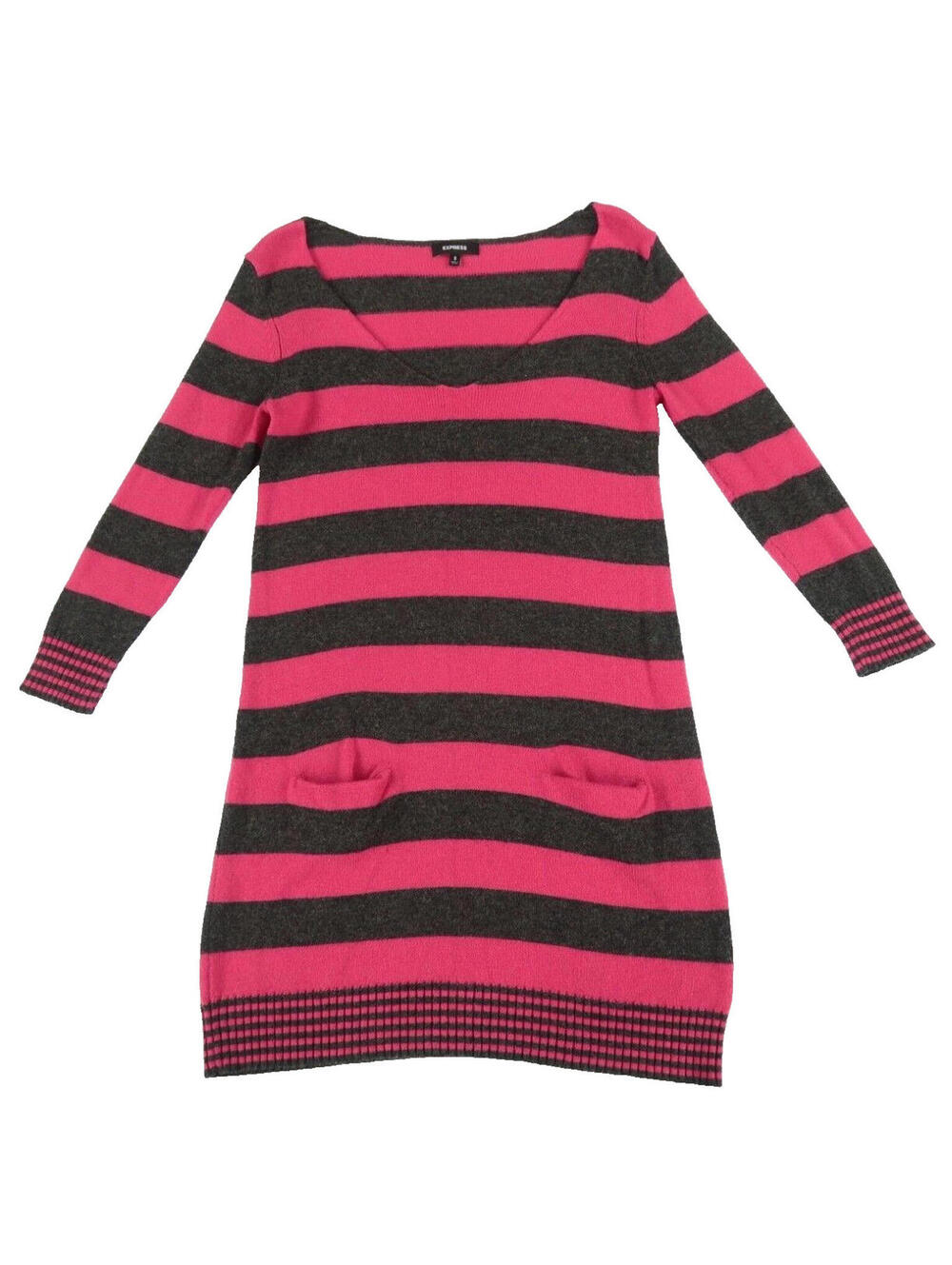 Express Women's Wool Blend V-Neck Pink & Gray Striped Sweater Dress Small